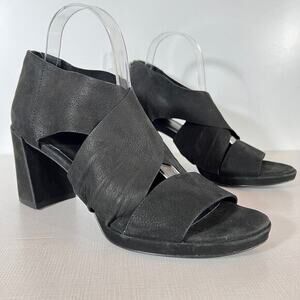 Eileen Fisher Marla Sandal 10 Black‎ Nubuck Leather Block Heel Minimalist Zip